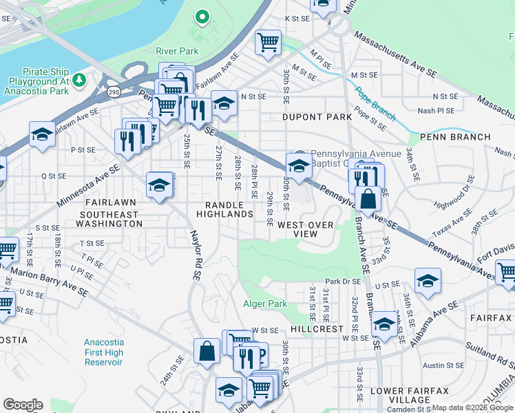 map of restaurants, bars, coffee shops, grocery stores, and more near 2821 R Street Southeast in Washington