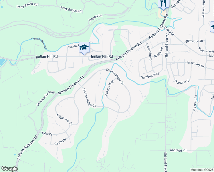 map of restaurants, bars, coffee shops, grocery stores, and more near 1224 Vintage Way in Auburn
