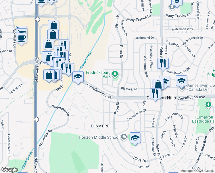 map of restaurants, bars, coffee shops, grocery stores, and more near 2610 Fredricksburg Drive in Colorado Springs