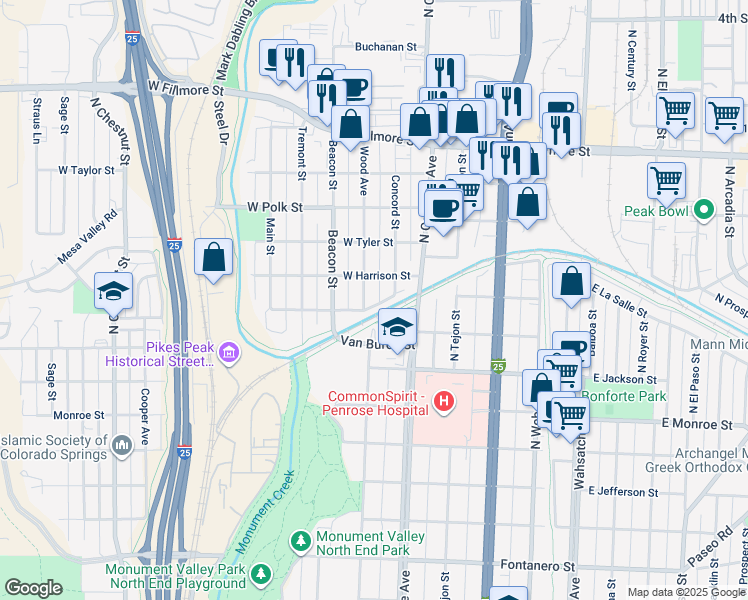 map of restaurants, bars, coffee shops, grocery stores, and more near 2516 Concord Street in Colorado Springs