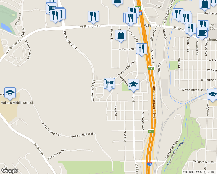 map of restaurants, bars, coffee shops, grocery stores, and more near 2675 Christopher Terrace in Colorado Springs