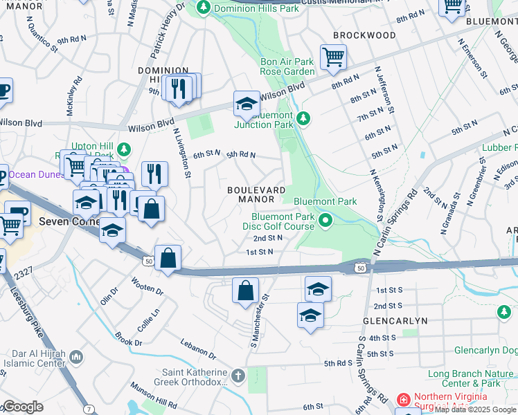 map of restaurants, bars, coffee shops, grocery stores, and more near 5939 4th Street North in Arlington