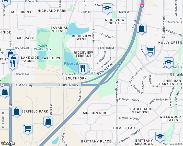map of restaurants, bars, coffee shops, grocery stores, and more near 935 South Sunset Drive in Olathe
