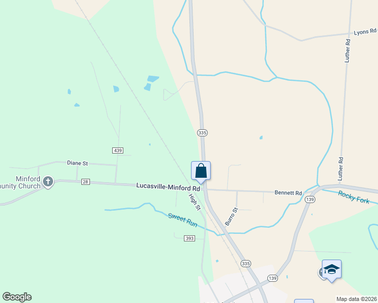 map of restaurants, bars, coffee shops, grocery stores, and more near 9641 Ohio 335 in Minford