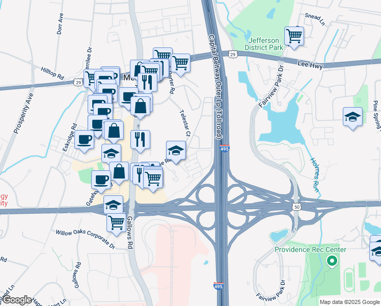 map of restaurants, bars, coffee shops, grocery stores, and more near 8053 Gatehouse Road in Falls Church