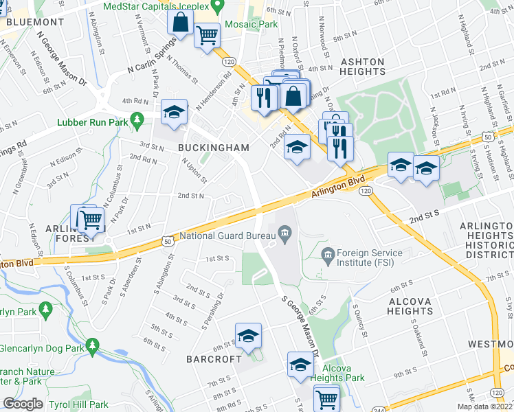 map of restaurants, bars, coffee shops, grocery stores, and more near Arlington Boulevard & South George Mason Drive in Arlington