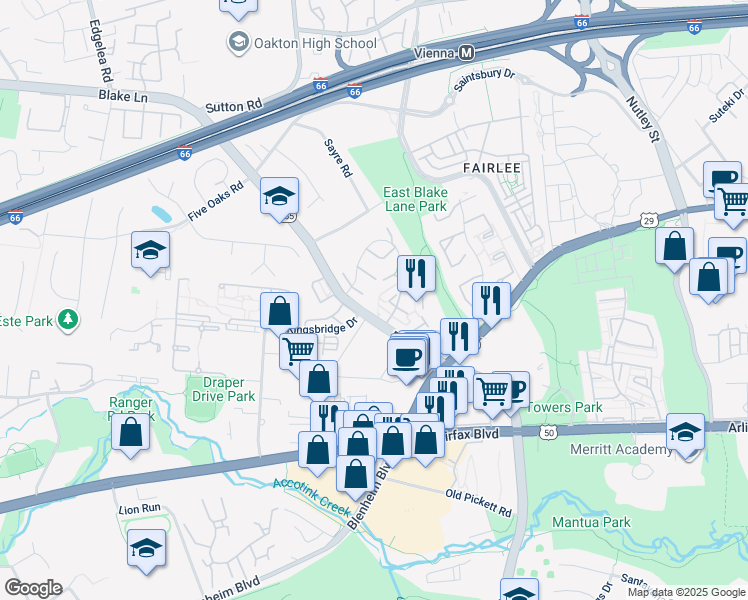 map of restaurants, bars, coffee shops, grocery stores, and more near 9606 Blake Lane in Fairfax