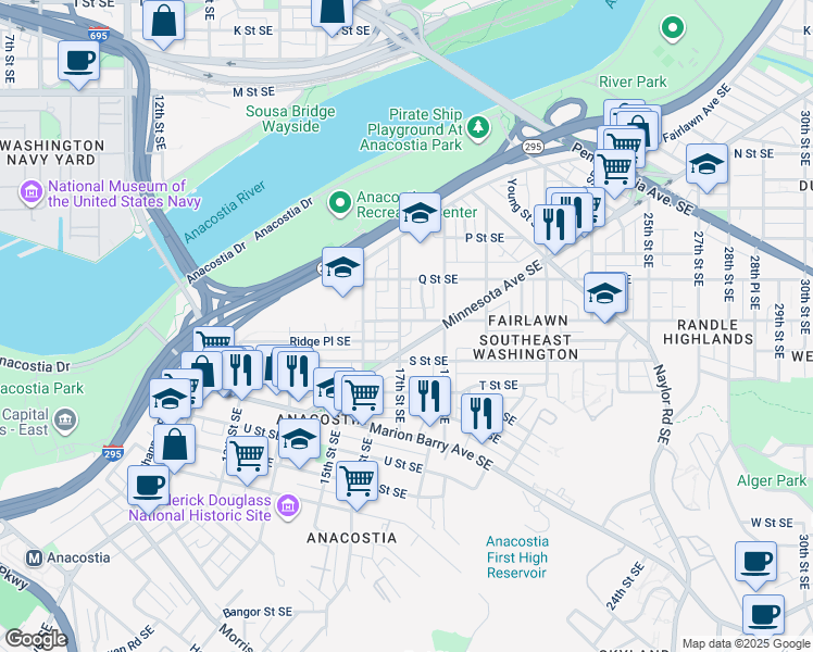map of restaurants, bars, coffee shops, grocery stores, and more near 1700 17th Street Southeast in Washington