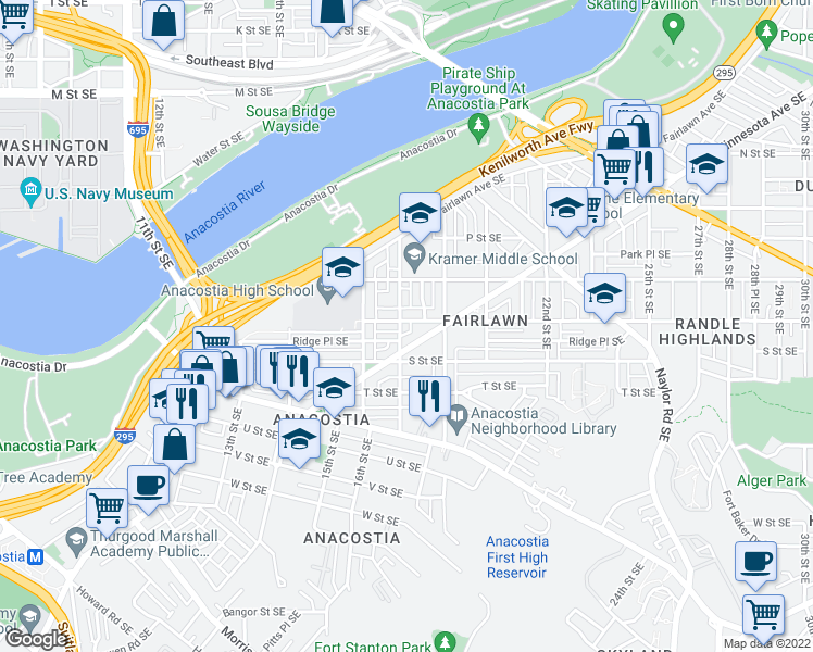 map of restaurants, bars, coffee shops, grocery stores, and more near 1700 17th Street Southeast in Washington