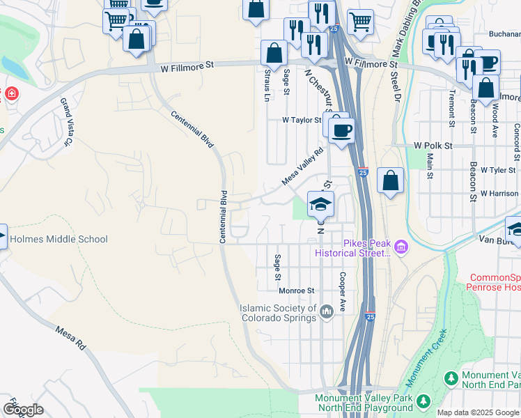 map of restaurants, bars, coffee shops, grocery stores, and more near 2675 Christopher Terrace in Colorado Springs