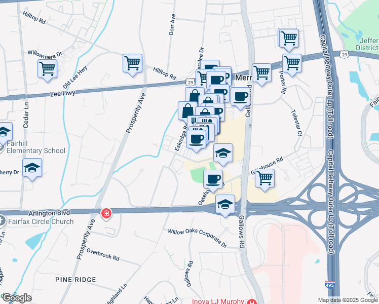 map of restaurants, bars, coffee shops, grocery stores, and more near 2944 Penny Lane in Fairfax