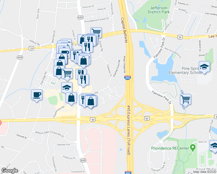 map of restaurants, bars, coffee shops, grocery stores, and more near Gatehouse Rd & Telestar Ct in Merrifield