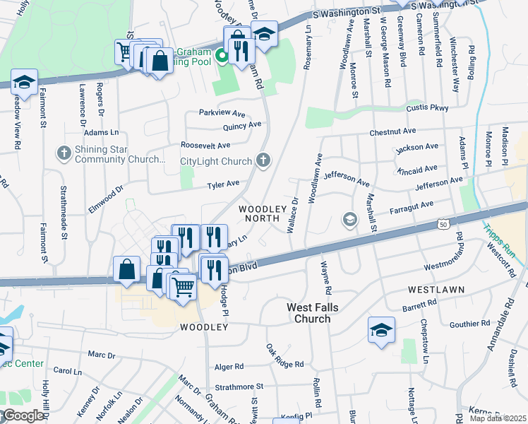 map of restaurants, bars, coffee shops, grocery stores, and more near 7112 Terry Lane in Falls Church