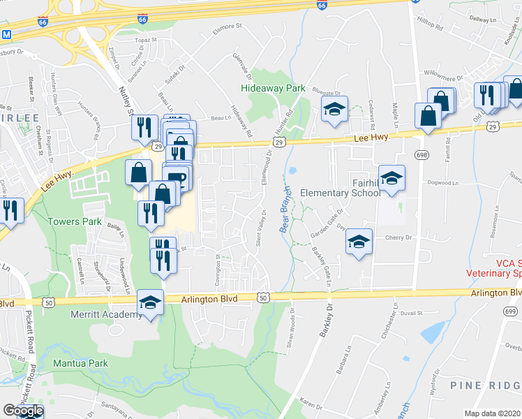 map of restaurants, bars, coffee shops, grocery stores, and more near 3001 Ellenwood Drive in Fairfax