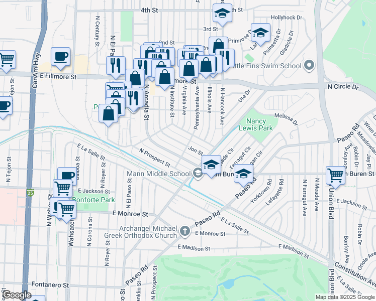 map of restaurants, bars, coffee shops, grocery stores, and more near 2730 Jon Street in Colorado Springs