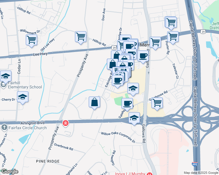 map of restaurants, bars, coffee shops, grocery stores, and more near 2984 Stella Blue Lane in Fairfax