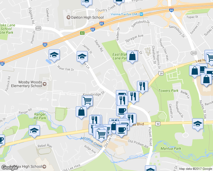 map of restaurants, bars, coffee shops, grocery stores, and more near 9687 Lindenbrook Street in Fairfax