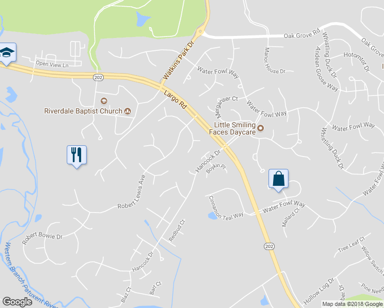 map of restaurants, bars, coffee shops, grocery stores, and more near 1406 Dixie Bowie Way in Upper Marlboro
