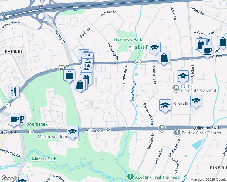 map of restaurants, bars, coffee shops, grocery stores, and more near 9010 Bowler Drive in Fairfax