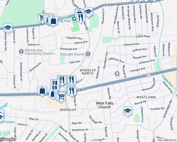 map of restaurants, bars, coffee shops, grocery stores, and more near 7112 Terry Lane in Falls Church