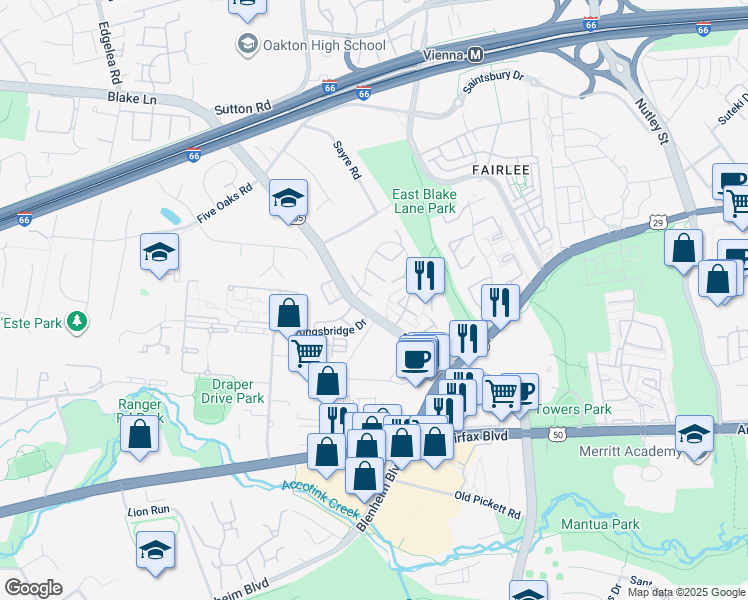 map of restaurants, bars, coffee shops, grocery stores, and more near 9687 Lindenbrook Street in Fairfax