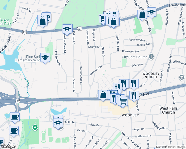 map of restaurants, bars, coffee shops, grocery stores, and more near 7403 Elmwood Drive in Falls Church