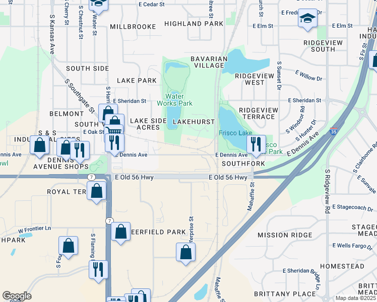 map of restaurants, bars, coffee shops, grocery stores, and more near 804 East Dennis Avenue in Olathe