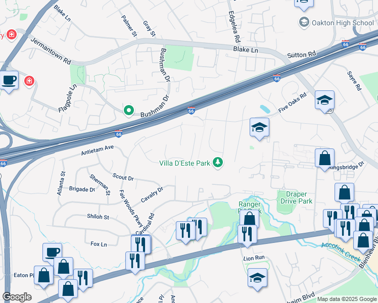map of restaurants, bars, coffee shops, grocery stores, and more near 3138 Flintlock Road in Fairfax