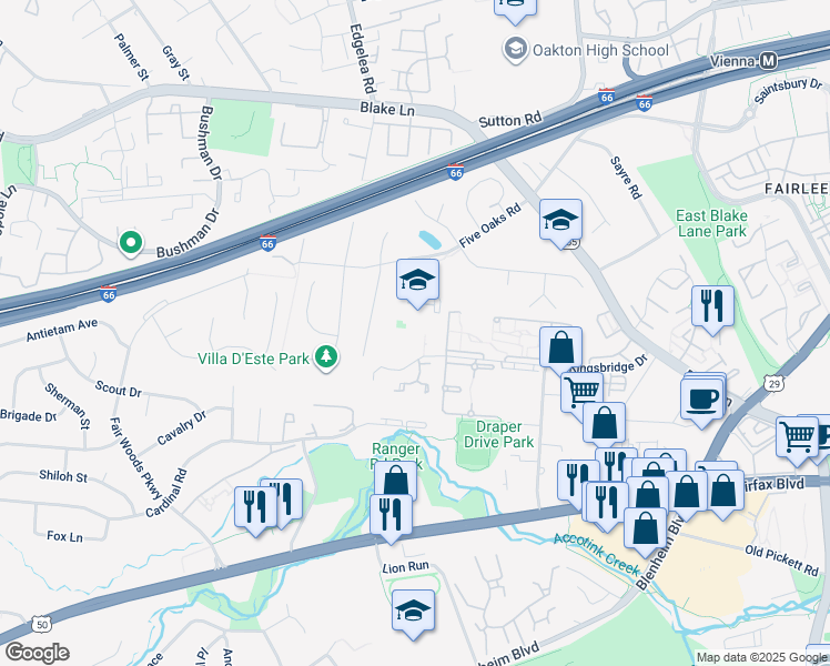 map of restaurants, bars, coffee shops, grocery stores, and more near 9819 Five Oaks Road in Fairfax