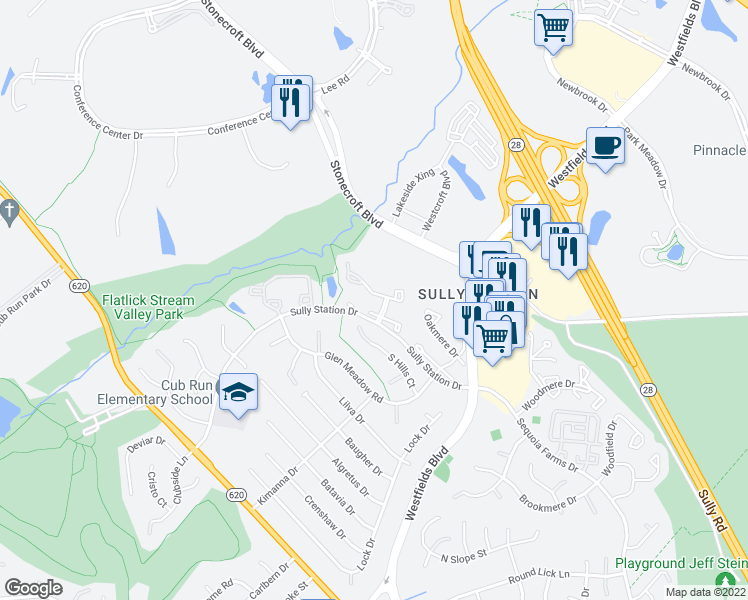 map of restaurants, bars, coffee shops, grocery stores, and more near 14535 Creek Branch Court in Centreville
