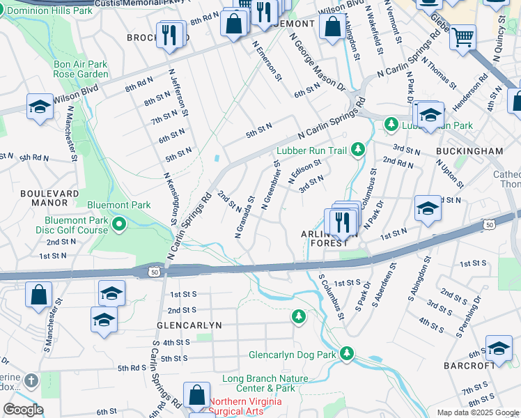 map of restaurants, bars, coffee shops, grocery stores, and more near 208 North Greenbrier Street in Arlington