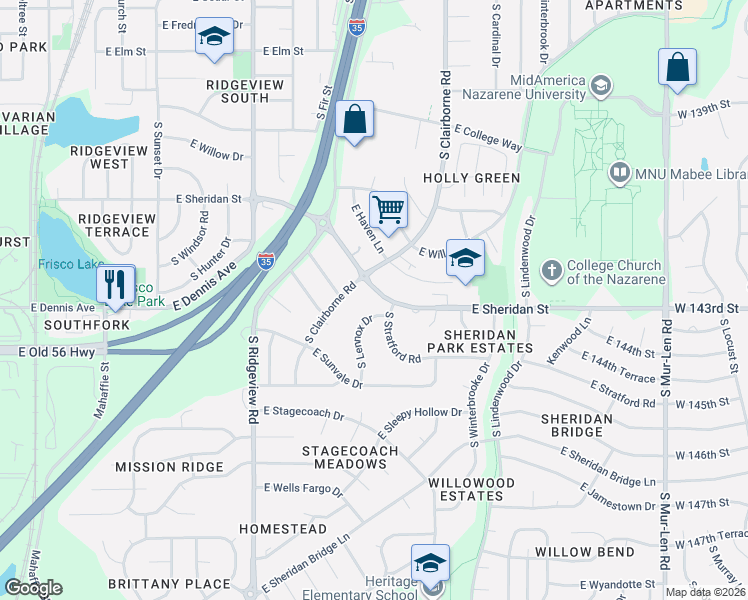 map of restaurants, bars, coffee shops, grocery stores, and more near 1507 East Sheridan Street in Olathe