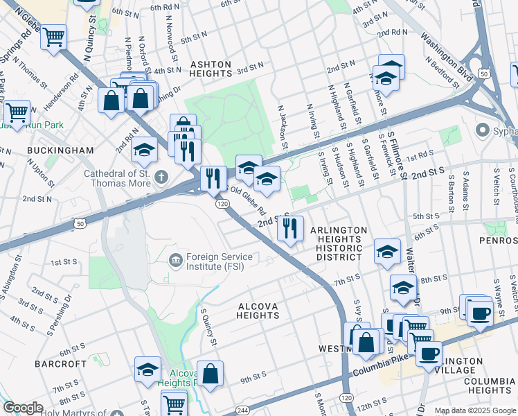 map of restaurants, bars, coffee shops, grocery stores, and more near 125 South Old Glebe Road in Arlington