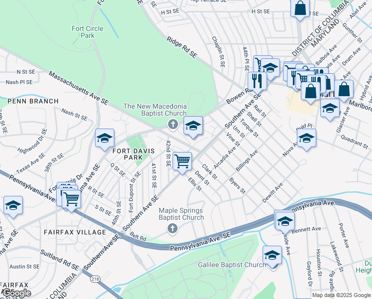 map of restaurants, bars, coffee shops, grocery stores, and more near 4247 Massachusetts Avenue Southeast in Washington