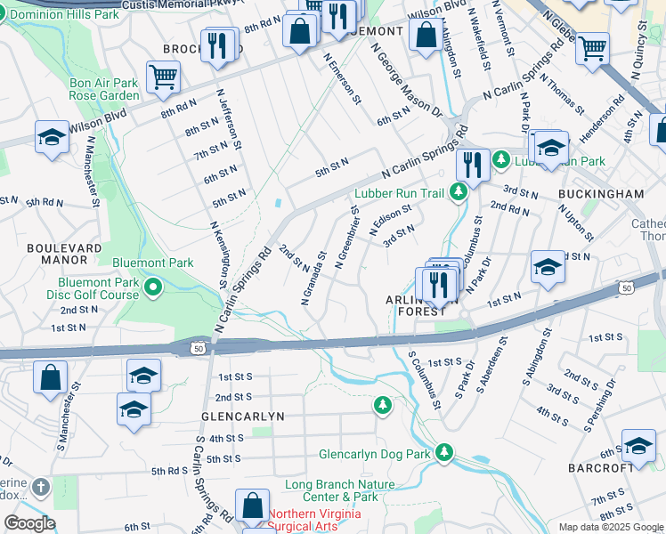 map of restaurants, bars, coffee shops, grocery stores, and more near 208 North Greenbrier Street in Arlington