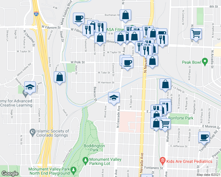 map of restaurants, bars, coffee shops, grocery stores, and more near 2516 Concord Street in Colorado Springs