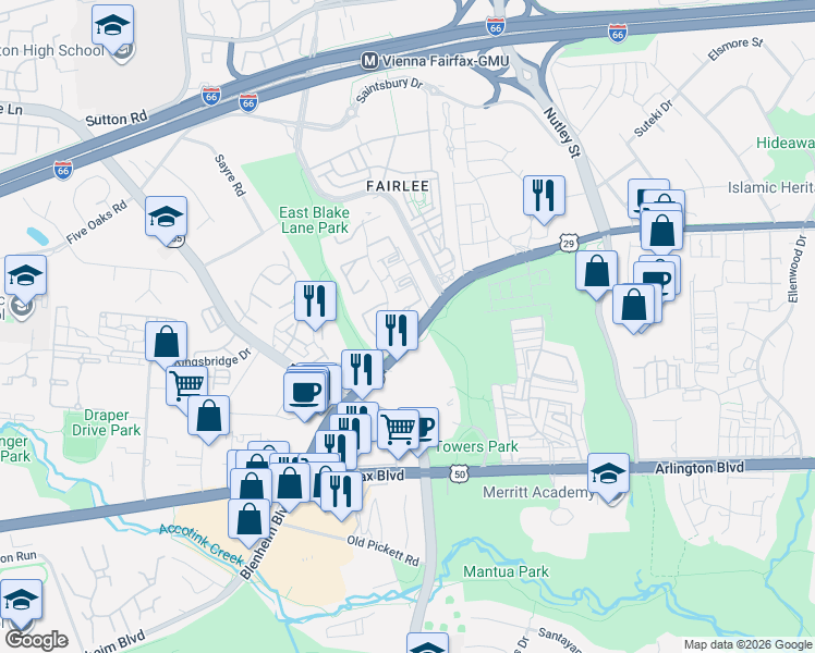map of restaurants, bars, coffee shops, grocery stores, and more near 3083 White Birch Court in Fairfax