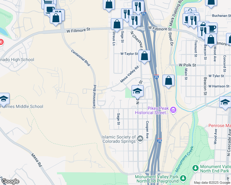 map of restaurants, bars, coffee shops, grocery stores, and more near 2675 Christopher Terrace in Colorado Springs