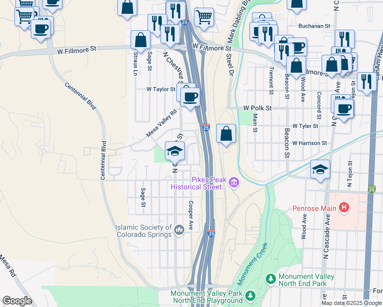 map of restaurants, bars, coffee shops, grocery stores, and more near 2613 Cooper Avenue in Colorado Springs