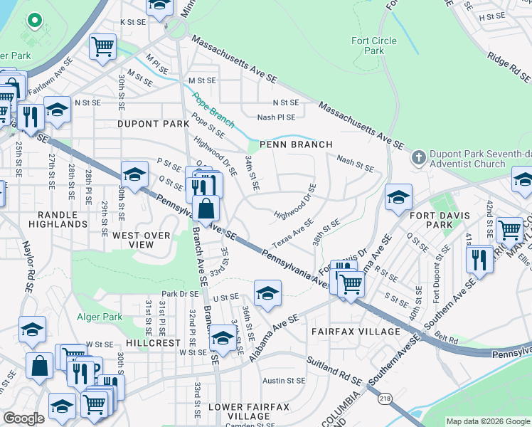map of restaurants, bars, coffee shops, grocery stores, and more near 3429 Highwood Drive Southeast in Washington