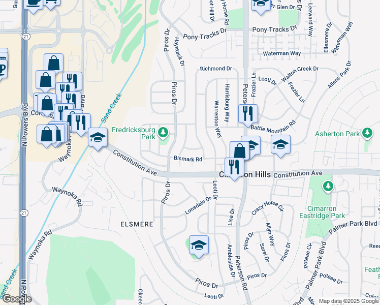 map of restaurants, bars, coffee shops, grocery stores, and more near 6535 Leesburg Road in Colorado Springs