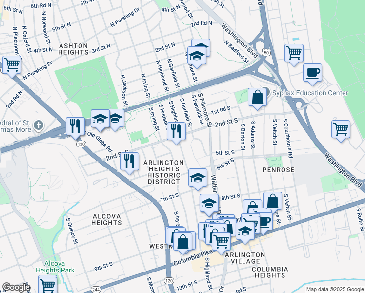 map of restaurants, bars, coffee shops, grocery stores, and more near 309 South Highland Street in Arlington