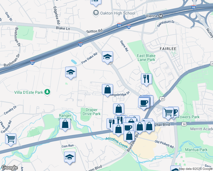 map of restaurants, bars, coffee shops, grocery stores, and more near 9700 Kingsbridge Drive in Fairfax