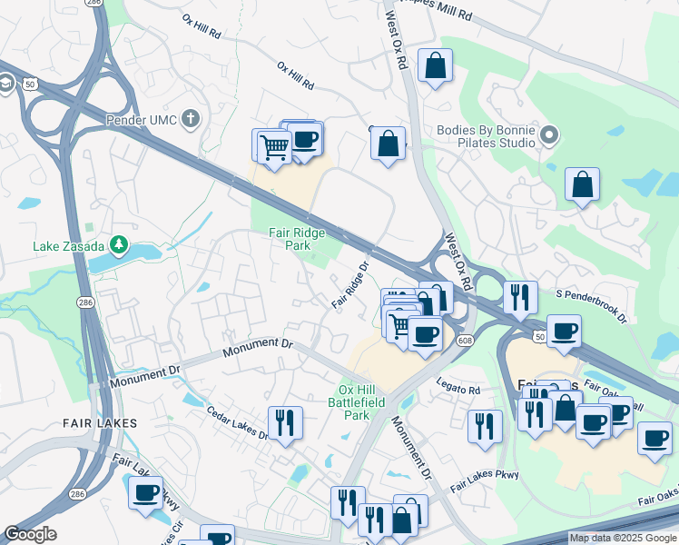 map of restaurants, bars, coffee shops, grocery stores, and more near 12326 Quiet Hollow Court in Fairfax