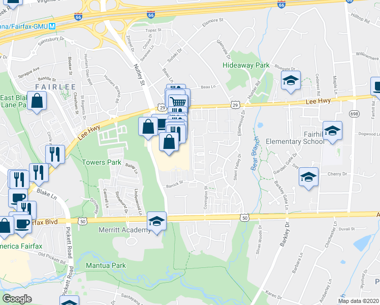 map of restaurants, bars, coffee shops, grocery stores, and more near 3036 Covington Street in Fairfax