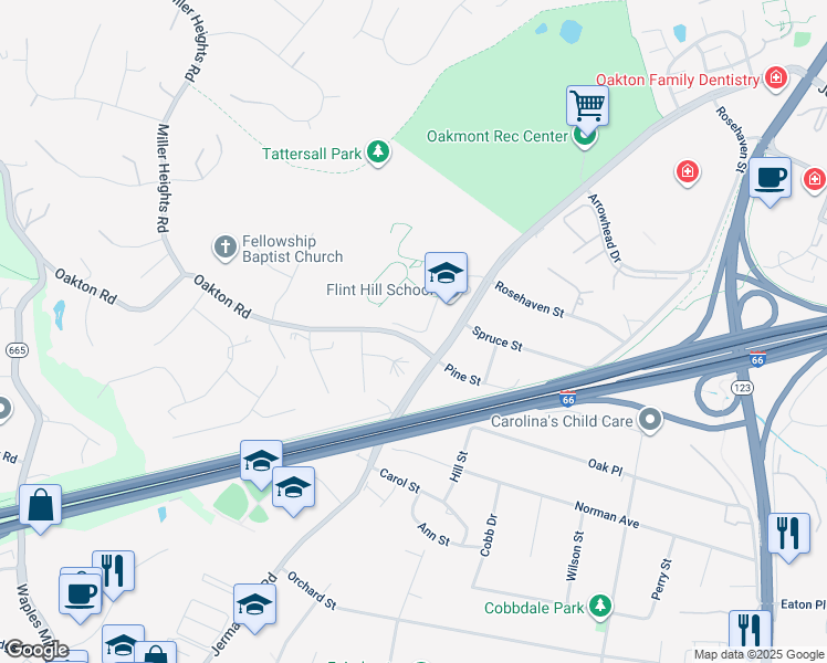 map of restaurants, bars, coffee shops, grocery stores, and more near 10816 Oakton Road in Oakton