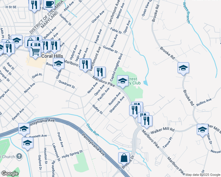 map of restaurants, bars, coffee shops, grocery stores, and more near 1404 Pacific Avenue in Capitol Heights