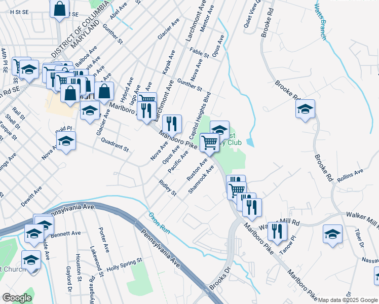 map of restaurants, bars, coffee shops, grocery stores, and more near 1404 Pacific Avenue in Capitol Heights