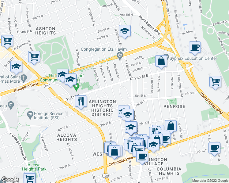 map of restaurants, bars, coffee shops, grocery stores, and more near 309 South Highland Street in Arlington