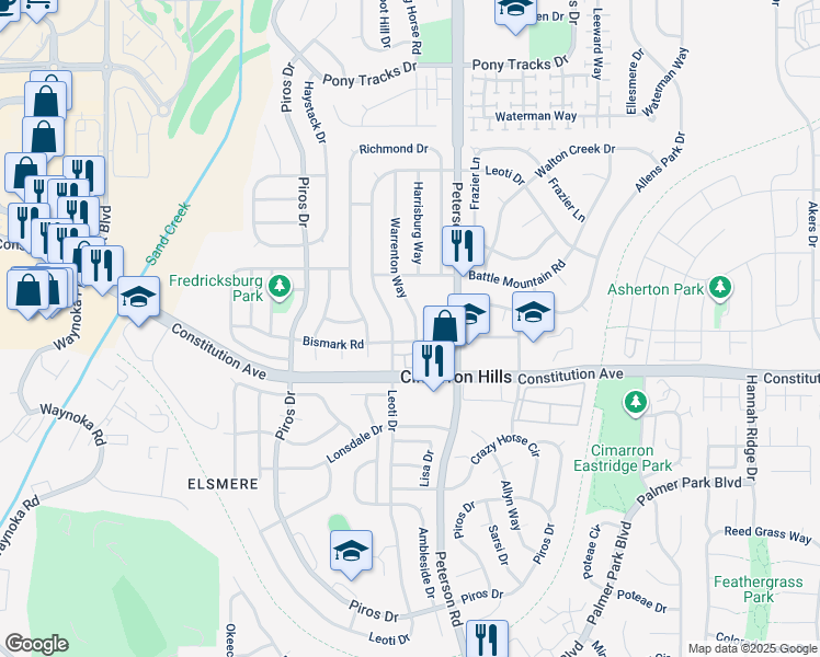 map of restaurants, bars, coffee shops, grocery stores, and more near 2620 Warrenton Way in Colorado Springs